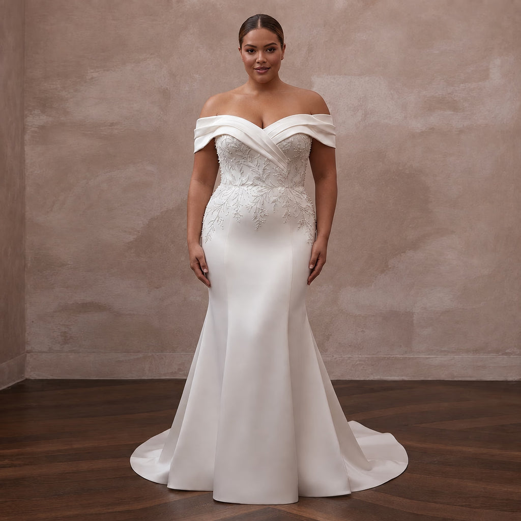 Plus Size Satin Mermaid Wedding Dress with Off-the-Shoulder Neckline