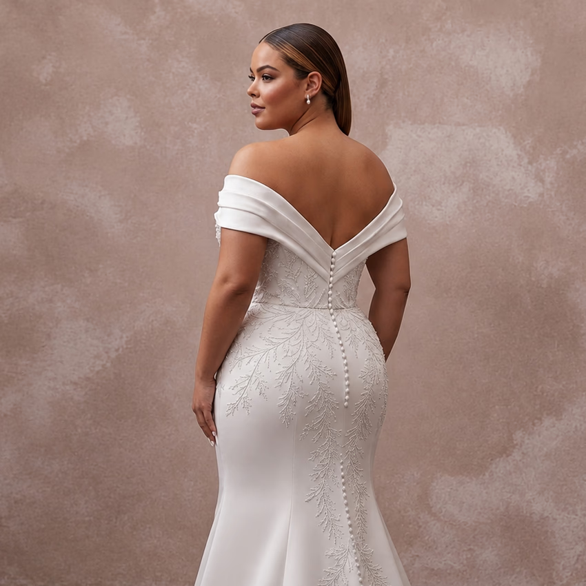 Plus Size Satin Mermaid Wedding Dress with Off-the-Shoulder Neckline