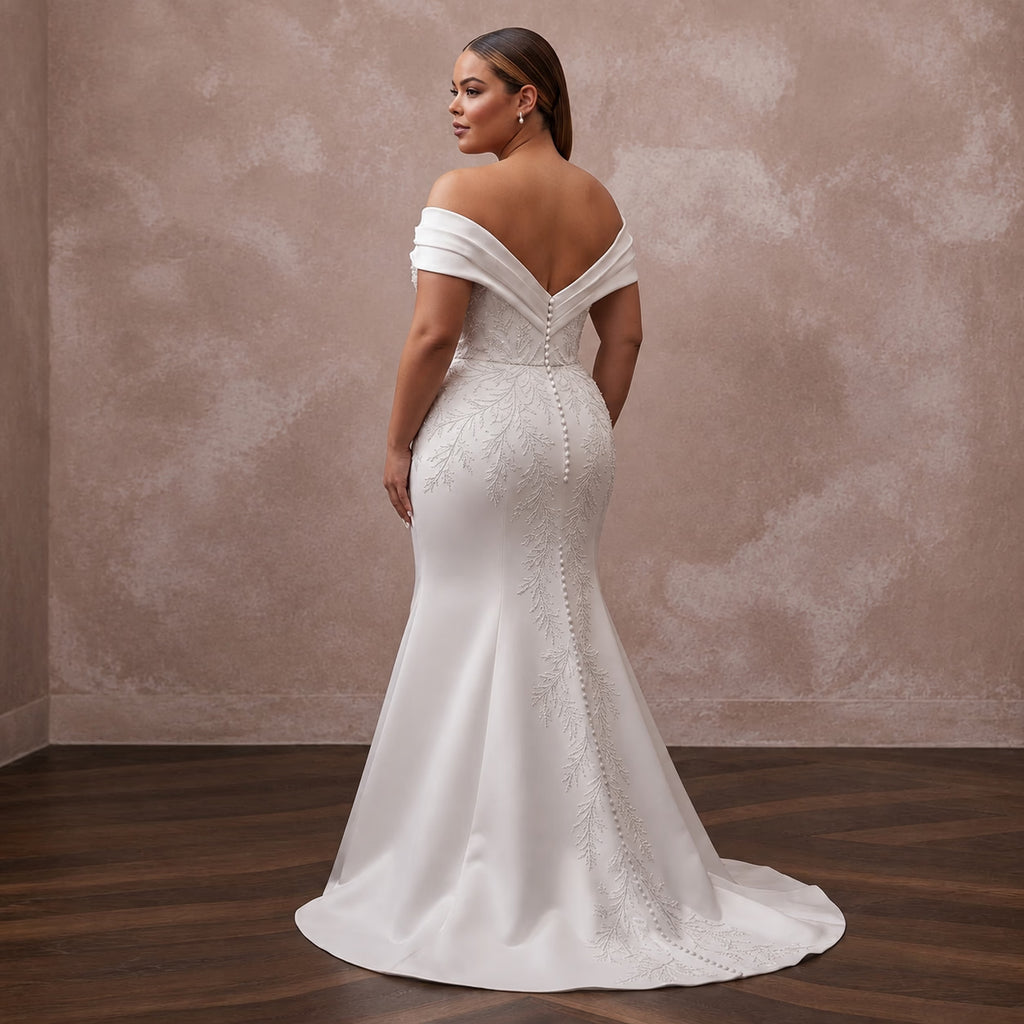 Plus Size Satin Mermaid Wedding Dress with Off-the-Shoulder Neckline