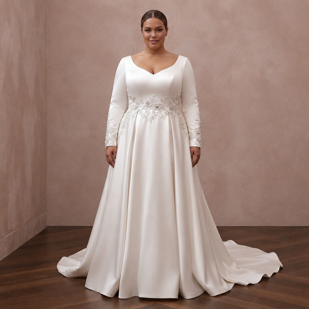 Plus Size Satin Wedding Dress with Long Sleeves