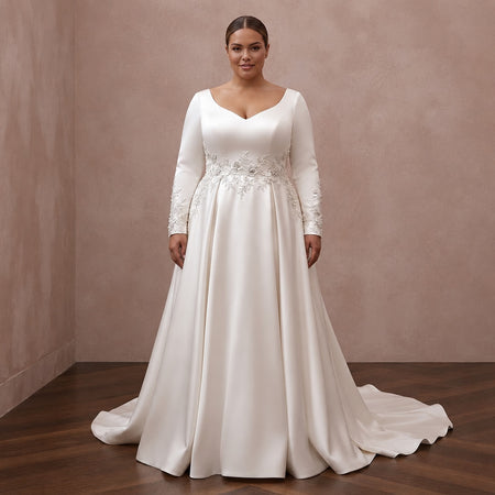 Plus Size Satin Wedding Dress with Long Sleeves