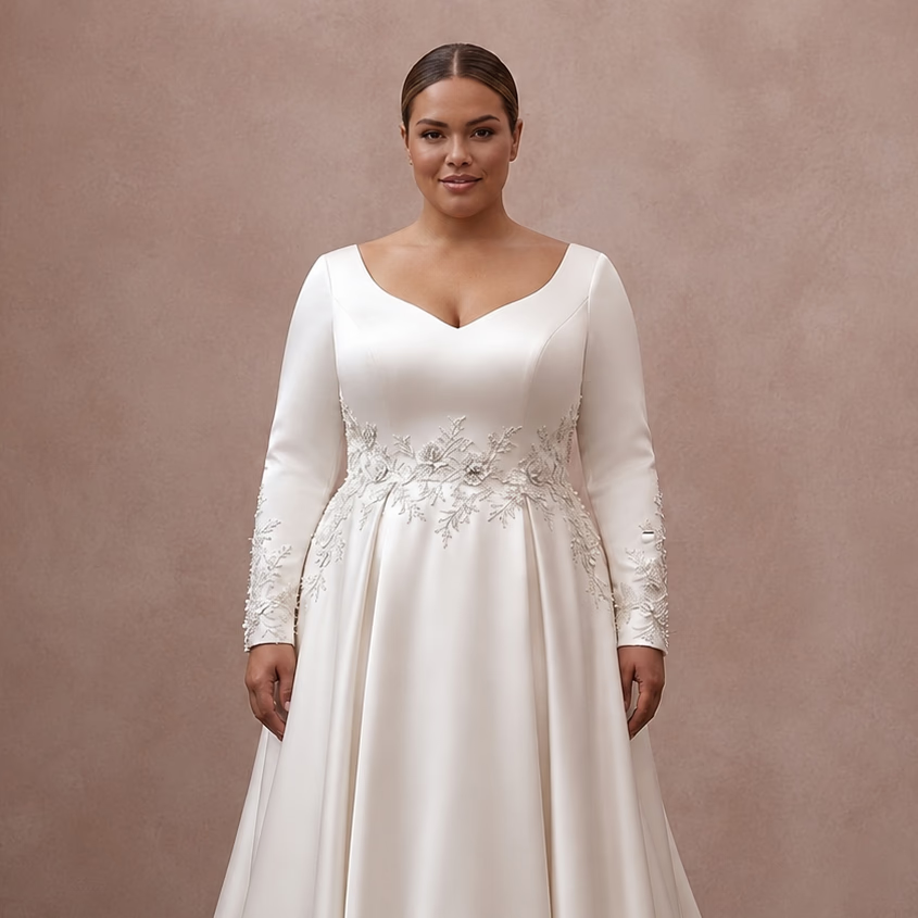 Plus Size Satin Wedding Dress with Long Sleeves