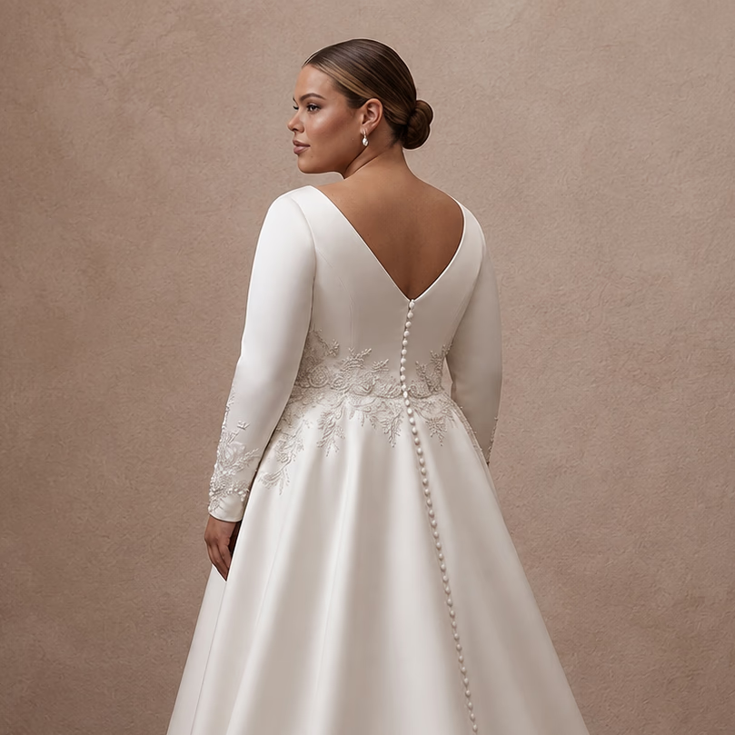 Plus Size Satin Wedding Dress with Long Sleeves