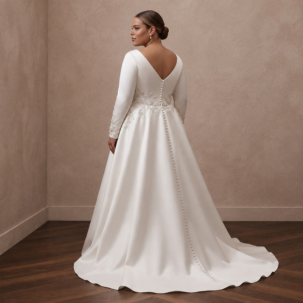 Plus Size Satin Wedding Dress with Long Sleeves