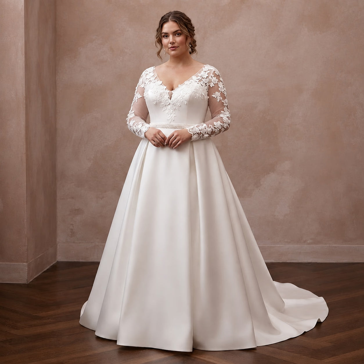 Plus Size Satin Wedding Dress with Long Sleeves and A-Line Silhouette Main image