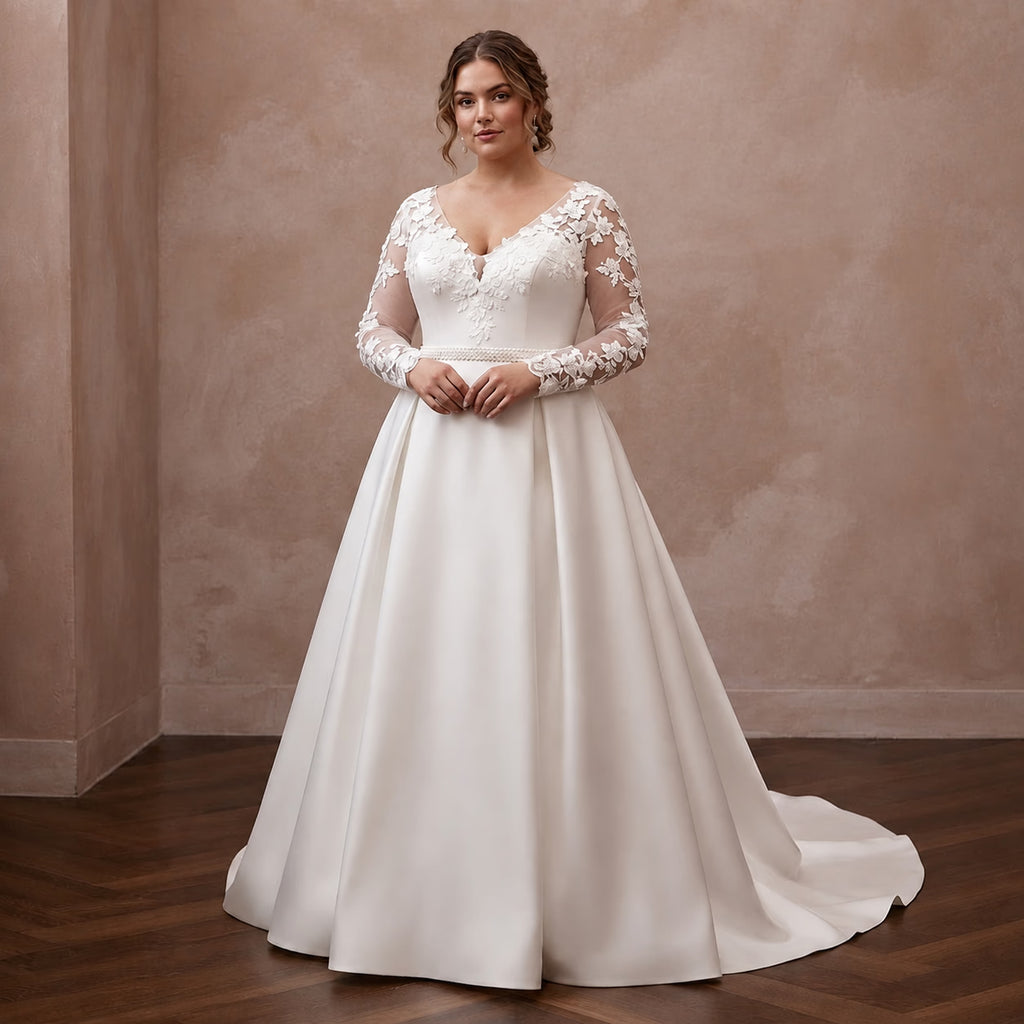 Plus Size Satin Wedding Dress with Long Sleeves and A-Line Silhouette