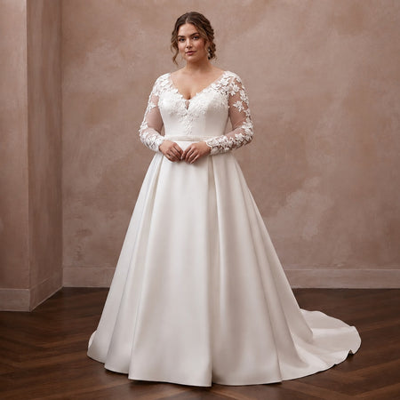 Plus Size Satin Wedding Dress with Long Sleeves and A-Line Silhouette