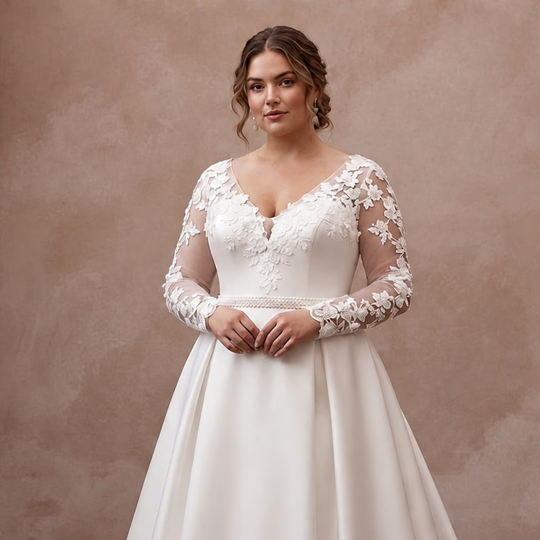 Plus Size Satin Wedding Dress with Long Sleeves and A-Line Silhouette