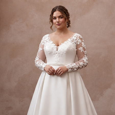 Plus Size Satin Wedding Dress with Long Sleeves and A-Line Silhouette