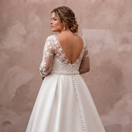 Plus Size Satin Wedding Dress with Long Sleeves and A-Line Silhouette