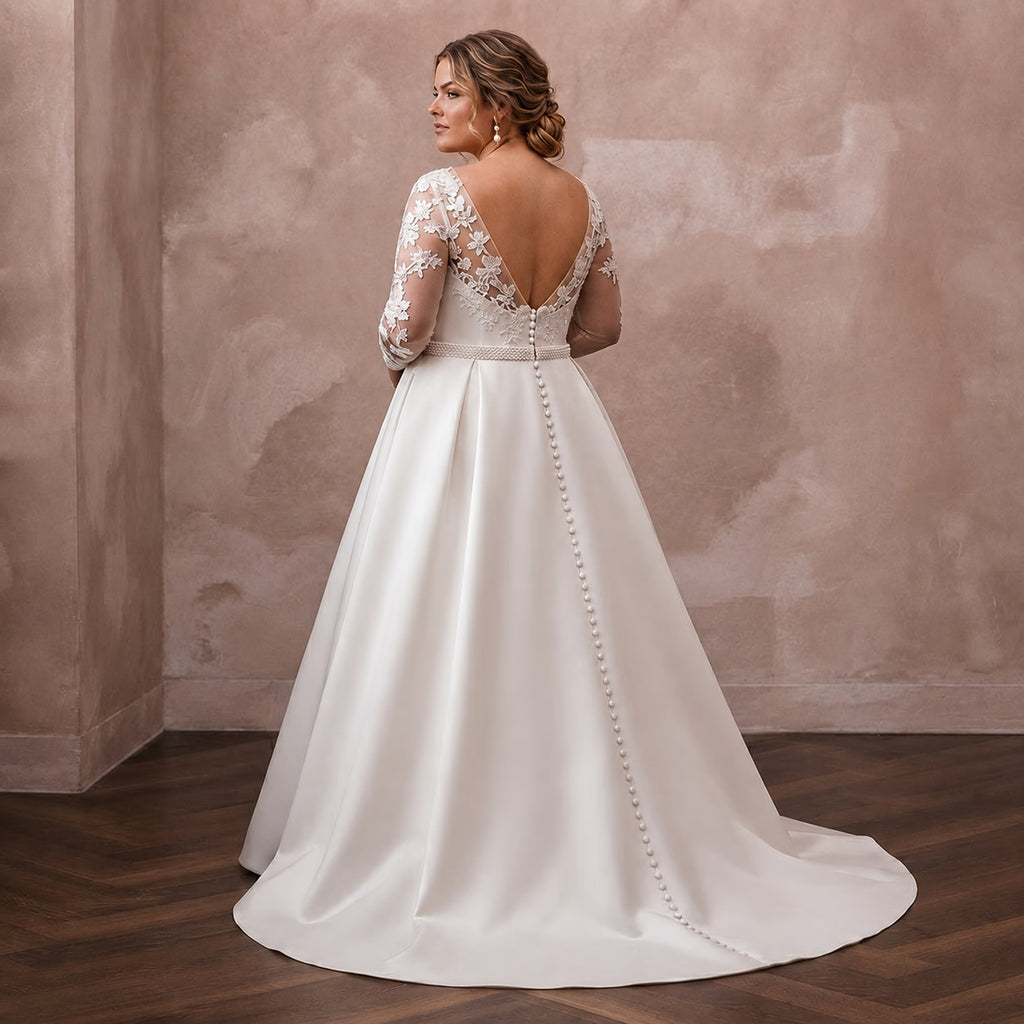 Plus Size Satin Wedding Dress with Long Sleeves and A-Line Silhouette