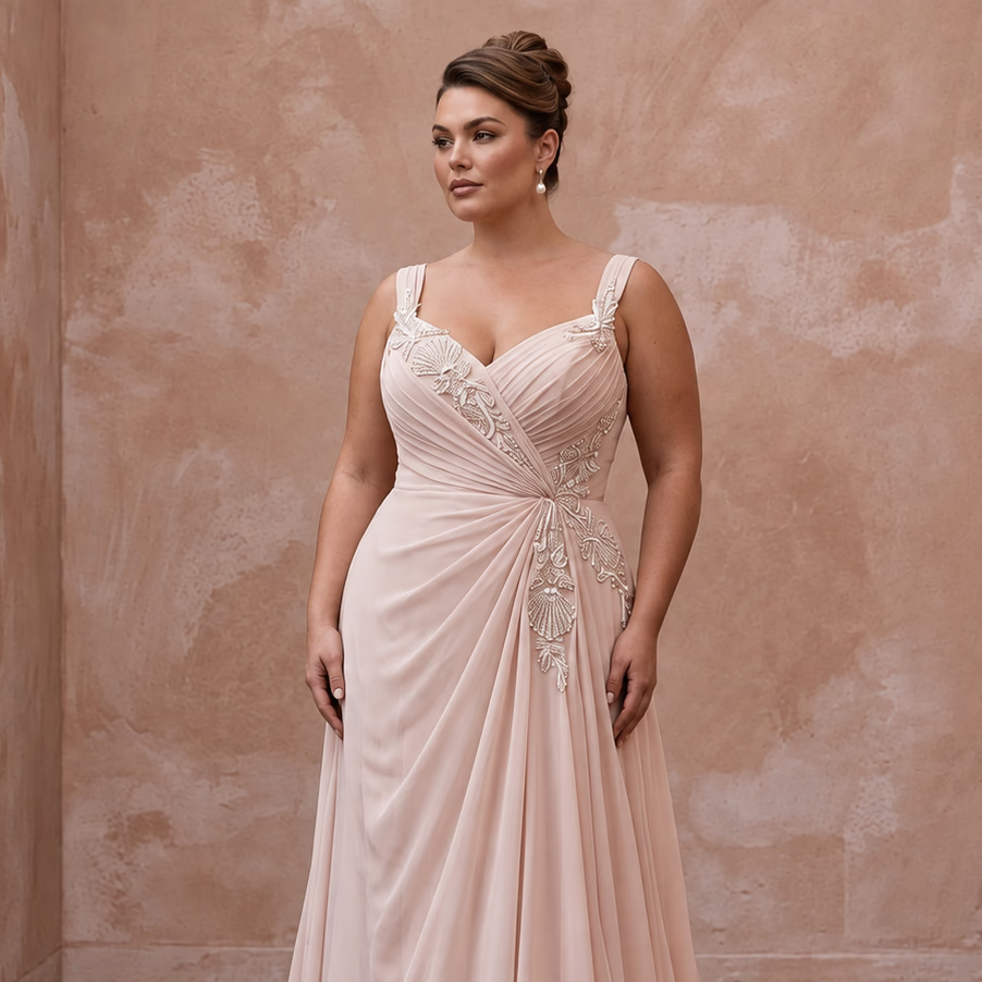 Plus Size Soft Blush Chiffon Draped Bodice Beach Elopement Dress