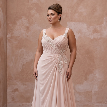Plus Size Soft Blush Chiffon Draped Bodice Beach Elopement Dress