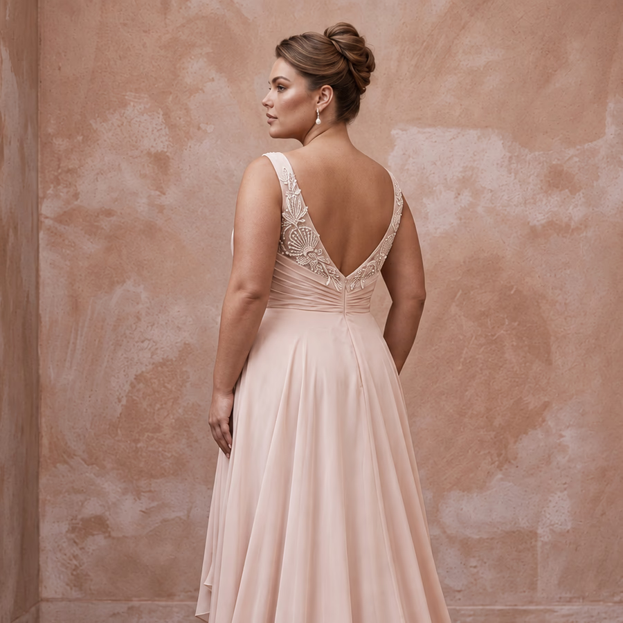 Plus Size Soft Blush Chiffon Draped Bodice Beach Elopement Dress