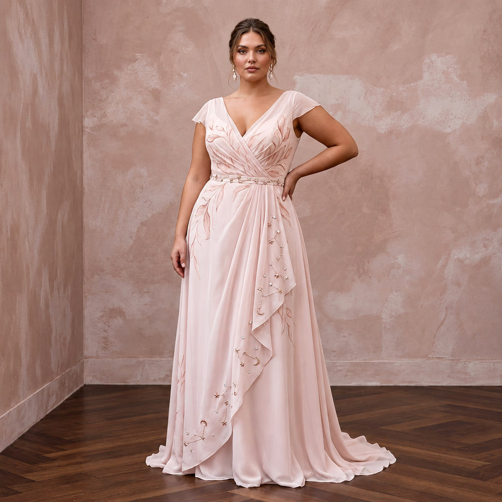 Plus Size Soft Blush Chiffon Draped Wrap A - Line Bridal Dress - Apparel & Accessories > Clothing > Wedding & Bridal Party Dresses > Wedding Dresses - Mignonette Bridal