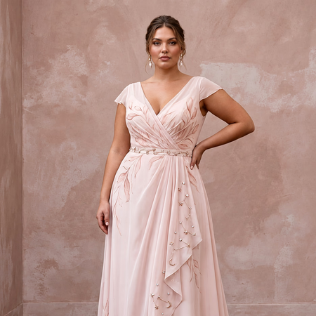 Plus Size Soft Blush Chiffon Draped Wrap A - Line Bridal Dress - Apparel & Accessories > Clothing > Wedding & Bridal Party Dresses > Wedding Dresses - Mignonette Bridal