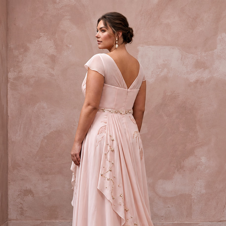 Plus Size Soft Blush Chiffon Draped Wrap A - Line Bridal Dress - Apparel & Accessories > Clothing > Wedding & Bridal Party Dresses > Wedding Dresses - Mignonette Bridal