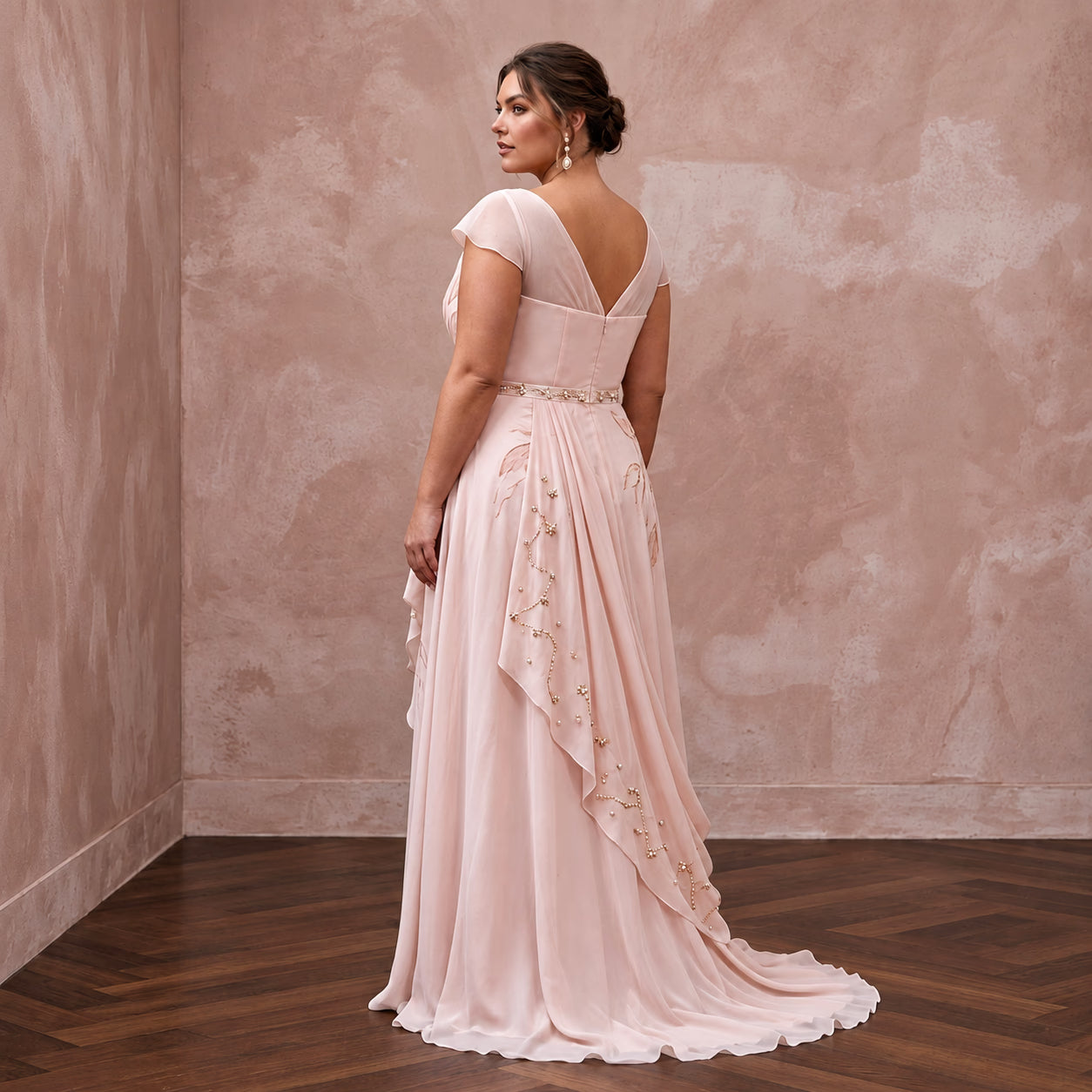 Plus Size Soft Blush Chiffon Draped Wrap A-Line Bridal Dress Secondary image