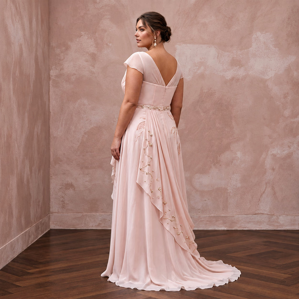 Plus Size Soft Blush Chiffon Draped Wrap A - Line Bridal Dress - Apparel & Accessories > Clothing > Wedding & Bridal Party Dresses > Wedding Dresses - Mignonette Bridal