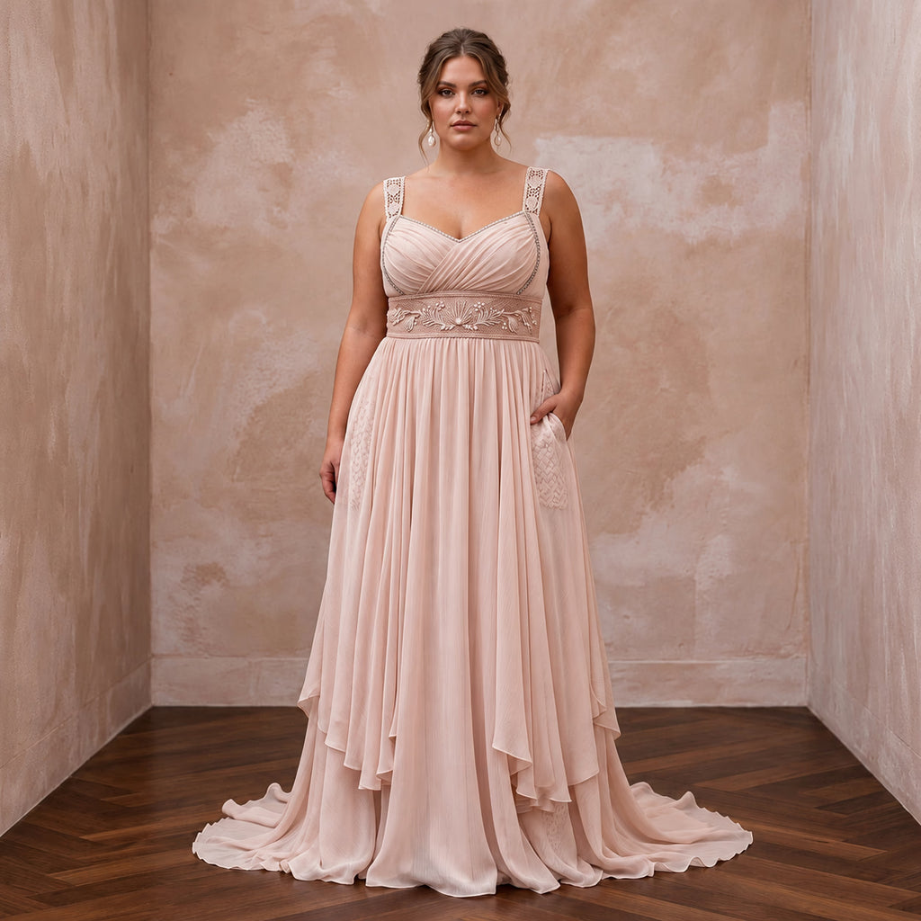 Plus Size Soft Blush Chiffon Empire Waist Flowing Beach Dress