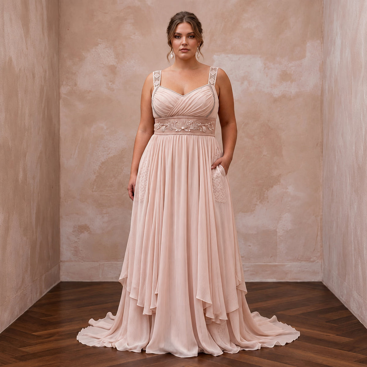 Plus Size Soft Blush Chiffon Empire Waist Flowing Beach Dress