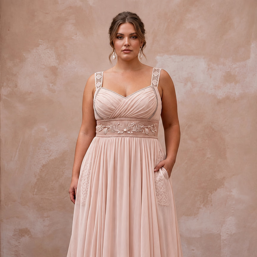 Plus Size Soft Blush Chiffon Empire Waist Flowing Beach Dress