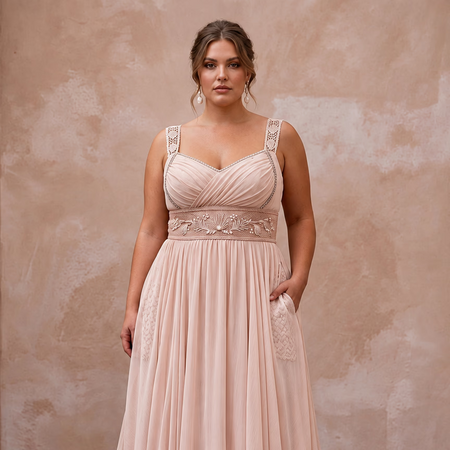 Plus Size Soft Blush Chiffon Empire Waist Flowing Beach Dress