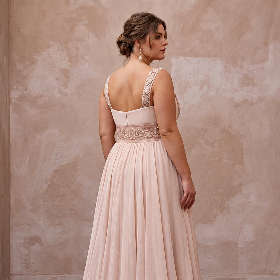 Plus Size Soft Blush Chiffon Empire Waist Flowing Beach Dress