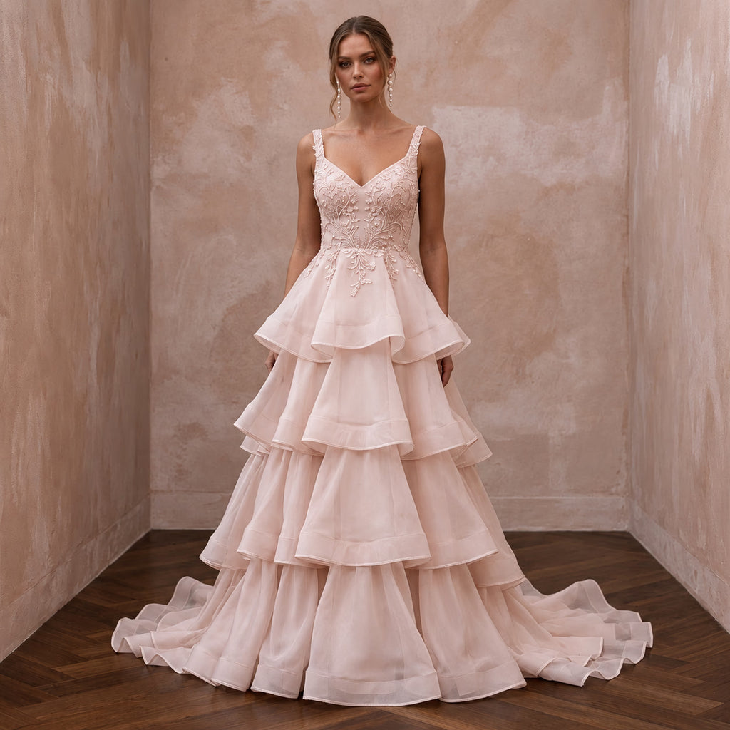 Plus Size Soft Blush Organza Tiered Ruffle Skirt A - Line Dress - Apparel & Accessories > Clothing > Wedding & Bridal Party Dresses > Wedding Dresses - Mignonette Bridal