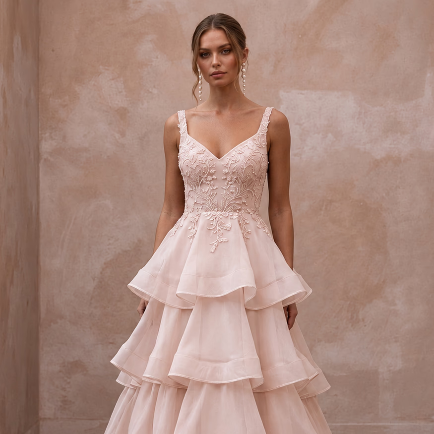 Plus Size Soft Blush Organza Tiered Ruffle Skirt A - Line Dress - Apparel & Accessories > Clothing > Wedding & Bridal Party Dresses > Wedding Dresses - Mignonette Bridal