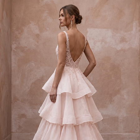 Plus Size Soft Blush Organza Tiered Ruffle Skirt A - Line Dress - Apparel & Accessories > Clothing > Wedding & Bridal Party Dresses > Wedding Dresses - Mignonette Bridal