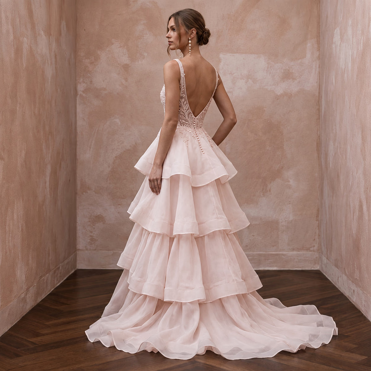 Plus Size Soft Blush Organza Tiered Ruffle Skirt A - Line Dress - Apparel & Accessories > Clothing > Wedding & Bridal Party Dresses > Wedding Dresses - Mignonette Bridal