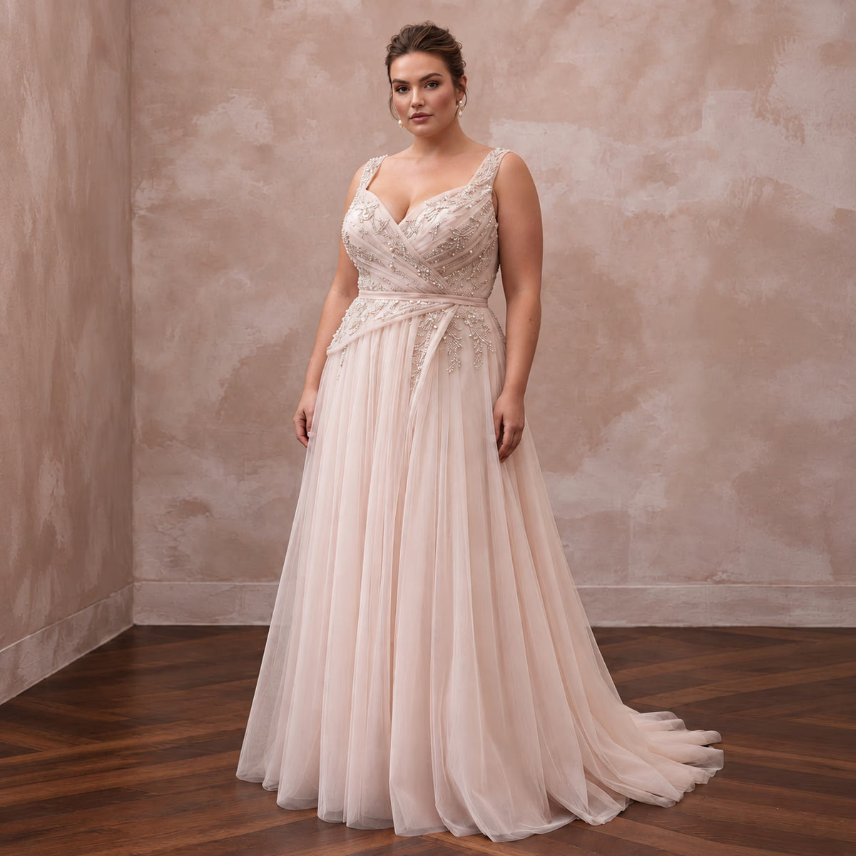 Plus Size Soft Blush Tulin Draped Wrap Wedding Dress