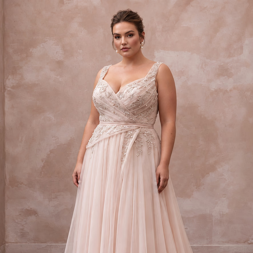 Plus Size Soft Blush Tulin Draped Wrap Wedding Dress