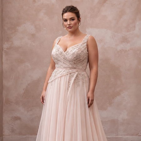 Plus Size Soft Blush Tulin Draped Wrap Wedding Dress