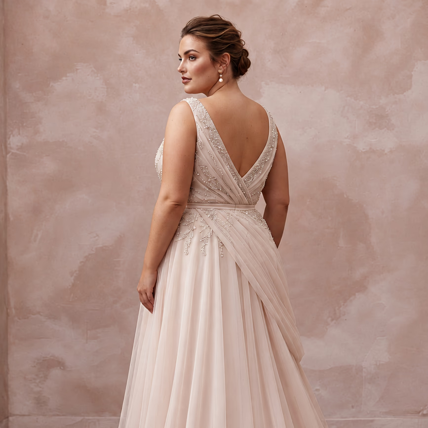 Plus Size Soft Blush Tulin Draped Wrap Wedding Dress