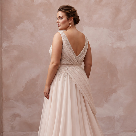 Plus Size Soft Blush Tulin Draped Wrap Wedding Dress