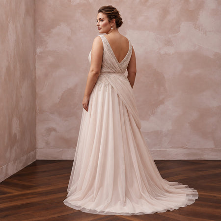 Plus Size Soft Blush Tulin Draped Wrap Wedding Dress