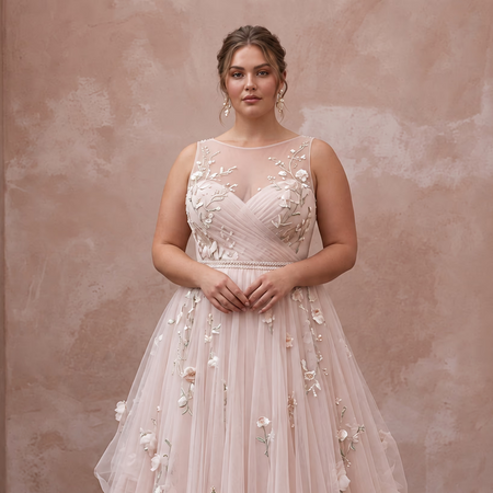 Plus Size Soft Blush Tulle Illusion Neckline Garden Wedding Dress