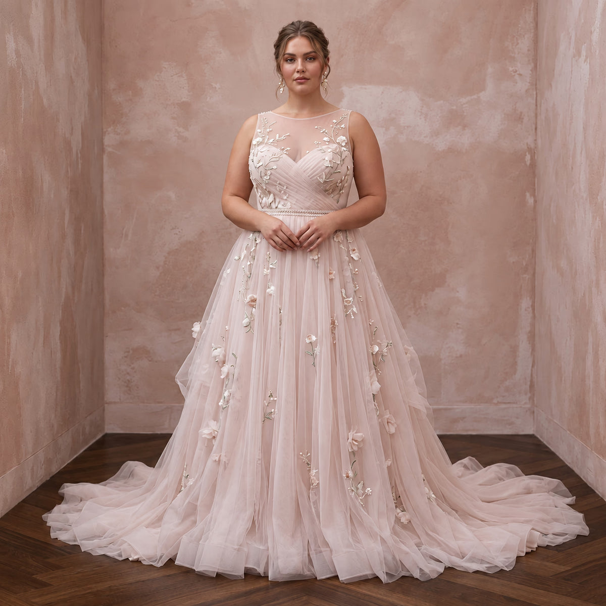 Plus Size Soft Blush Tulle Illusion Neckline Garden Wedding Dress