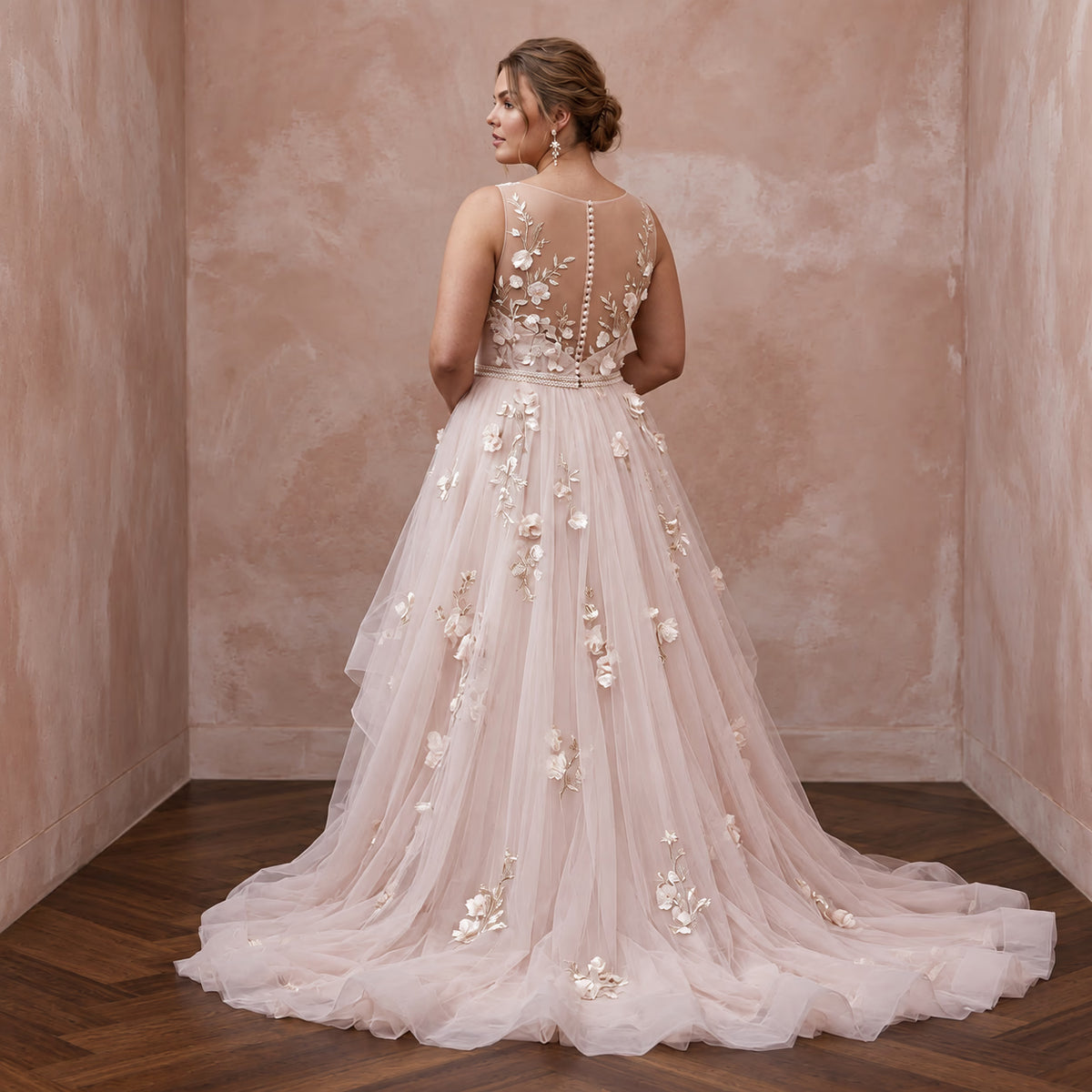 Plus Size Soft Blush Tulle Illusion Neckline Garden Wedding Dress