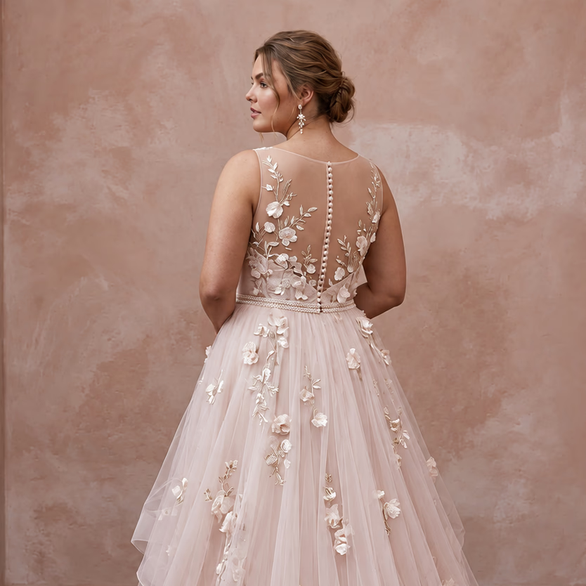 Plus Size Soft Blush Tulle Illusion Neckline Garden Wedding Dress