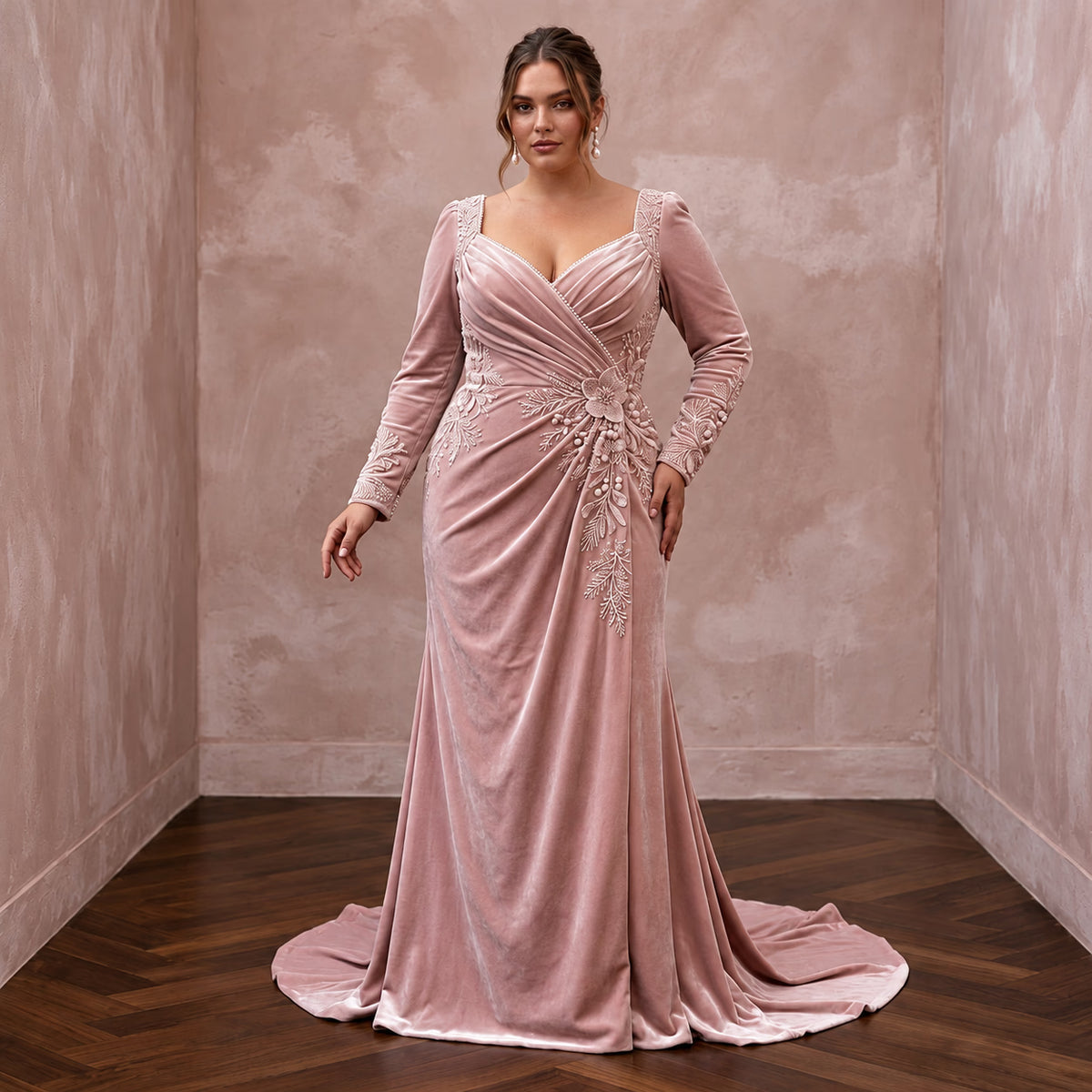 Plus Size Soft Blush Velvet Draped Bodice Winter Wedding Dress