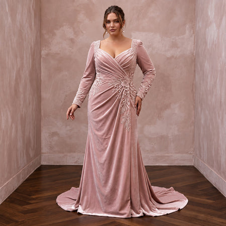 Plus Size Soft Blush Velvet Draped Bodice Winter Wedding Dress