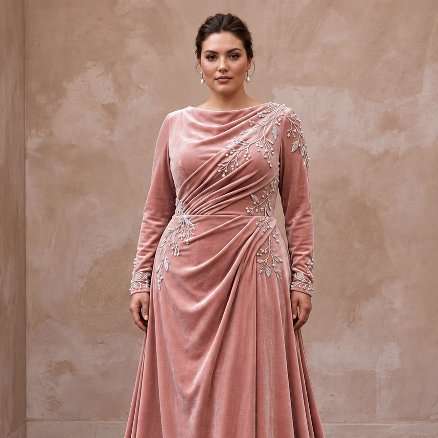 Plus Size Soft Blush Velvet Draped Bodice Winter Wedding Dress - Apparel & Accessories > Clothing > Wedding & Bridal Party Dresses > Wedding Dresses - Mignonette Bridal