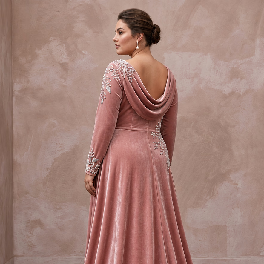Plus Size Soft Blush Velvet Draped Bodice Winter Wedding Dress - Apparel & Accessories > Clothing > Wedding & Bridal Party Dresses > Wedding Dresses - Mignonette Bridal