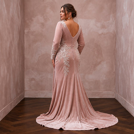 Plus Size Soft Blush Velvet Draped Bodice Winter Wedding Dress