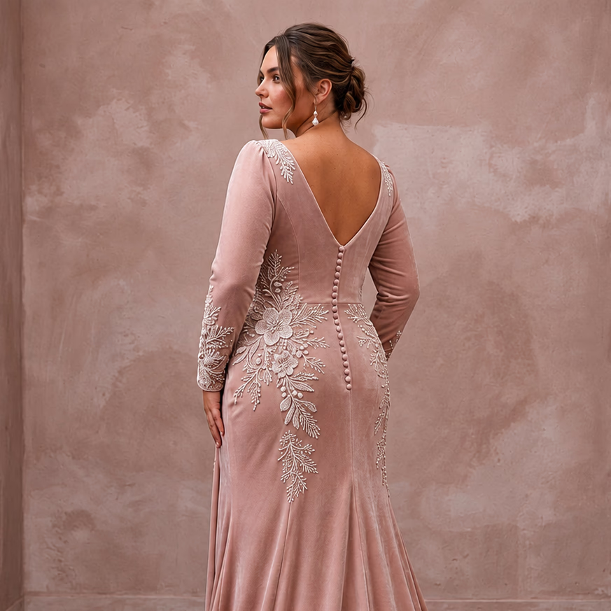 Plus Size Soft Blush Velvet Draped Bodice Winter Wedding Dress