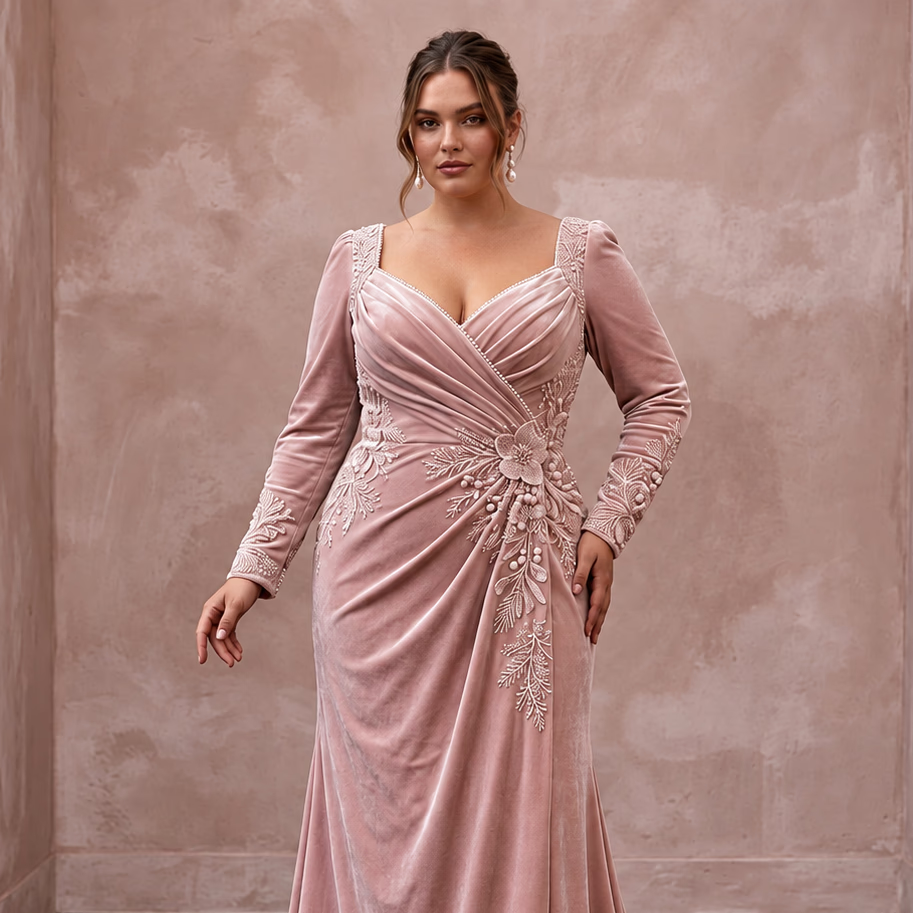 Plus Size Soft Blush Velvet Draped Bodice Winter Wedding Dress