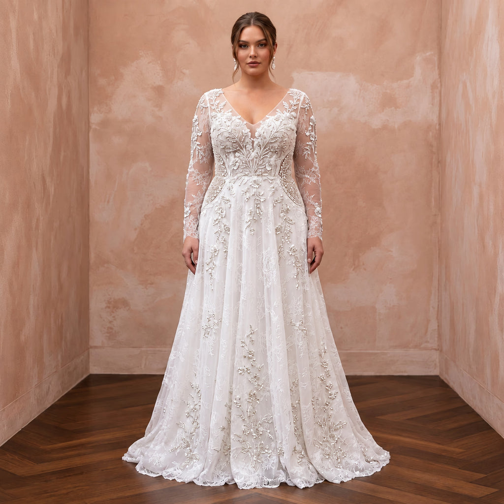 Plus Size Soft White Lace Overlay Chiffon A-Line Bridal Gown